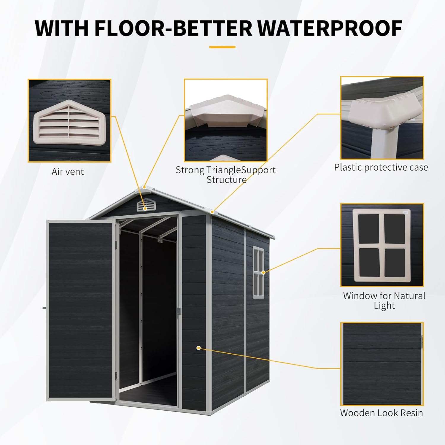 JT 6 x 4 FT Resin Outdoor Shed, Waterproof Storage Shed with Floor, Lockable Door, Window and Vent, Garden Sheds for Backyard, Lawn, Tools (Black)