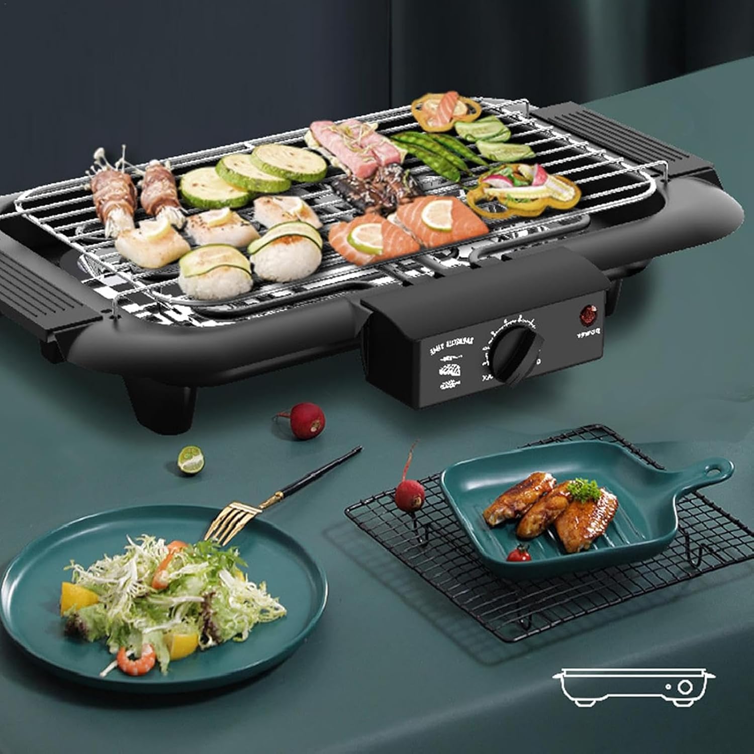 2000W Electric BBQ Grill, Smokeless Non-Stick Table Top Griddle with Removable Drip Tray, 7 Levels Temp Adjustable, Non-Stick Coating Structure and Easy to Clean, for Family Dinner, Party
