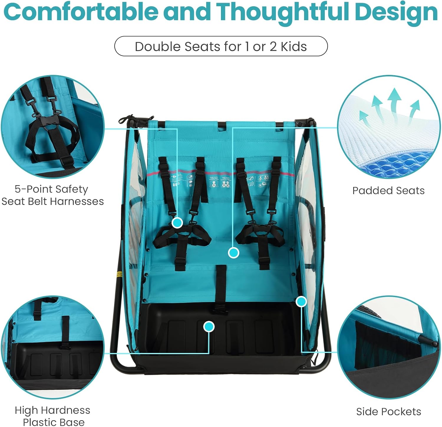 Sepnine Kids Bike Trailer, Suitable for 1 to 2 Children, Double Seat, Universal Coupler, Foldable, Canopy with Bug Screen and Weather Shield, with 5-Point Harness and Storage Bags
