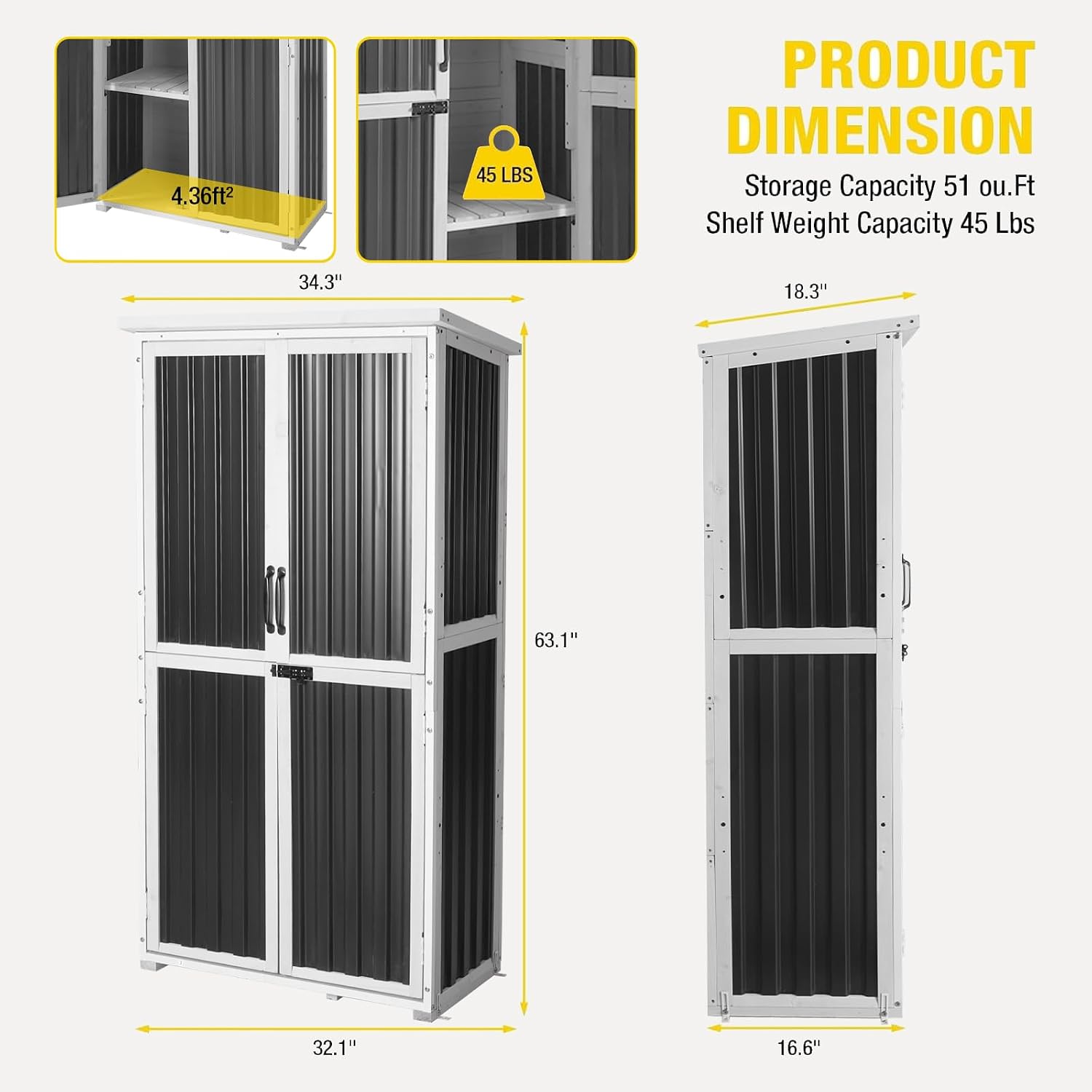 Aivituvin Outdoor Storage Shed with Wood and Metal Frame, Garden Sheds with Waterproof Plastic Roof, Adjustable Shelves and Ventilated Blinds, Garden Tool Cabinets for Outdoor (Black, Plastic)