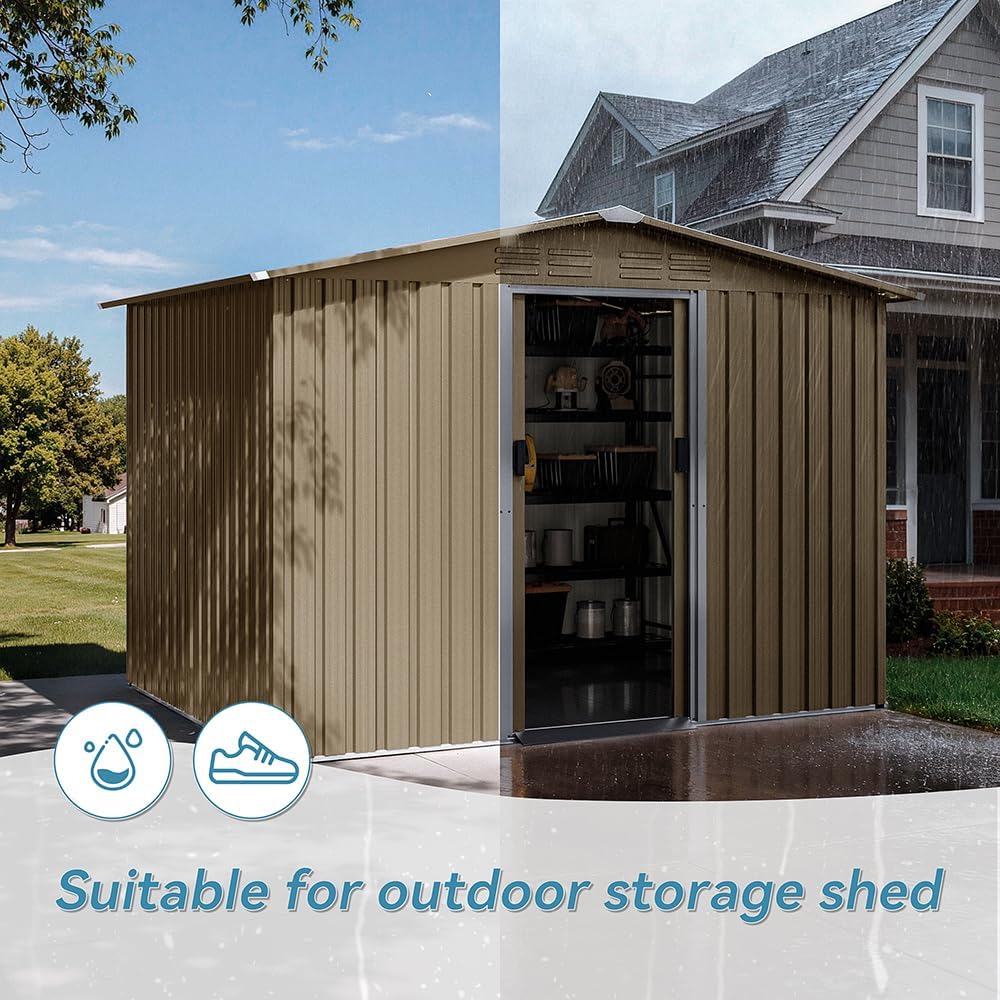 Kurapika 8×6 FT Metal Outdoor Storage Shed Large Tool Shed with Floor, Lockable Door, for Garden, Patio, Backyard, Lawn(Brown)