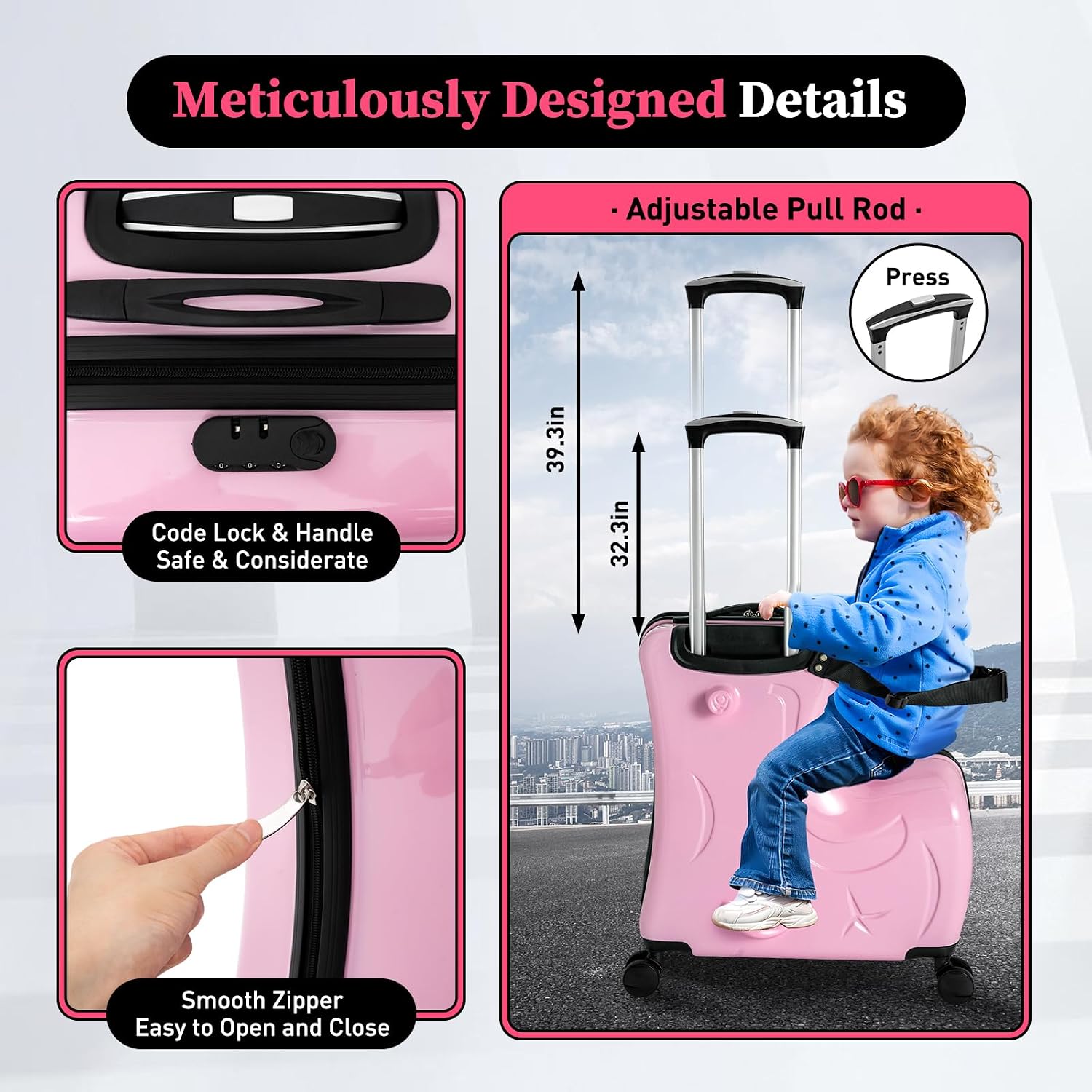20In Portable Kids Luggage, 4 Wheels Ride-on Suitcase for Kids with Combination Lock and Safety Belt Kids Ride On Luggage Load-Bearing to 66Lbs for Travel and Business Trips