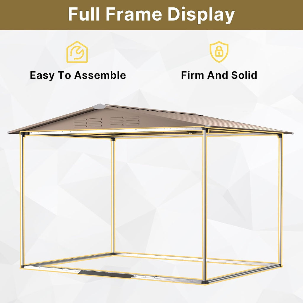 Gotland 8FT x 6FT Sheds & Outdoor Storage, Metal Shed with Sloped Steps Waterproof Sloped Roof, Storage Shed with 2 Lockable Slide Doors, Outdoor Shed for Backyard Patio Lawn Brown