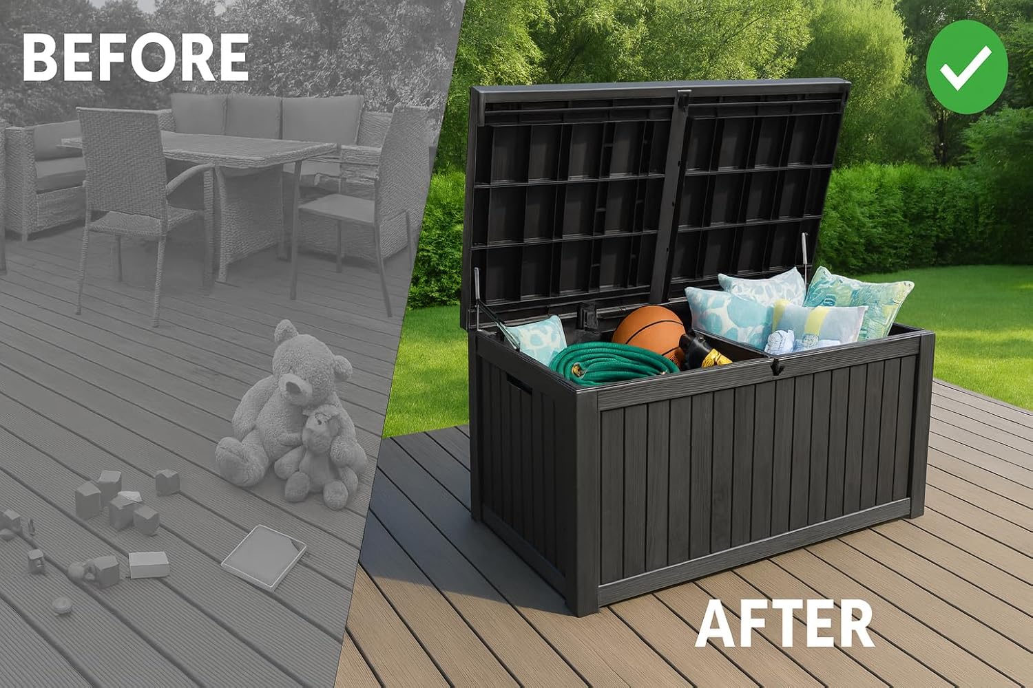 BTEXPERT 150 Gallon Outdoor Storage Container Deck Box with Metal Support Rods for Patio Furniture Garden Tools Cushions Waterproof Lockable UV Resistant Resin