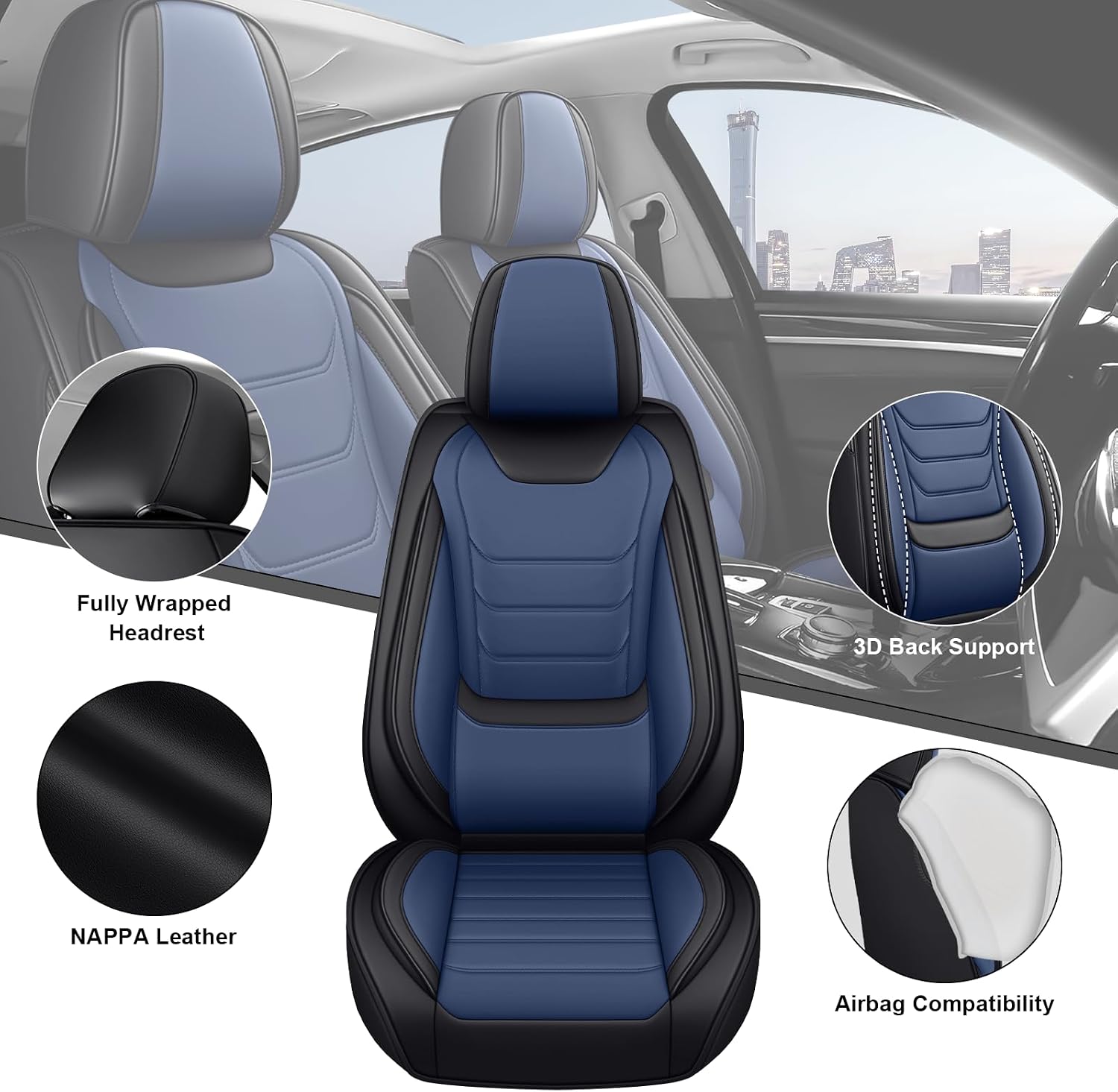 DHAEY Car Seat Covers for Volkswagen Atlas 2018-2025, Family Seat Covers, Nappa Leather, Wear-Resistant, Anti-Slip, Waterproof, 5PCS Full Set, Black Blue