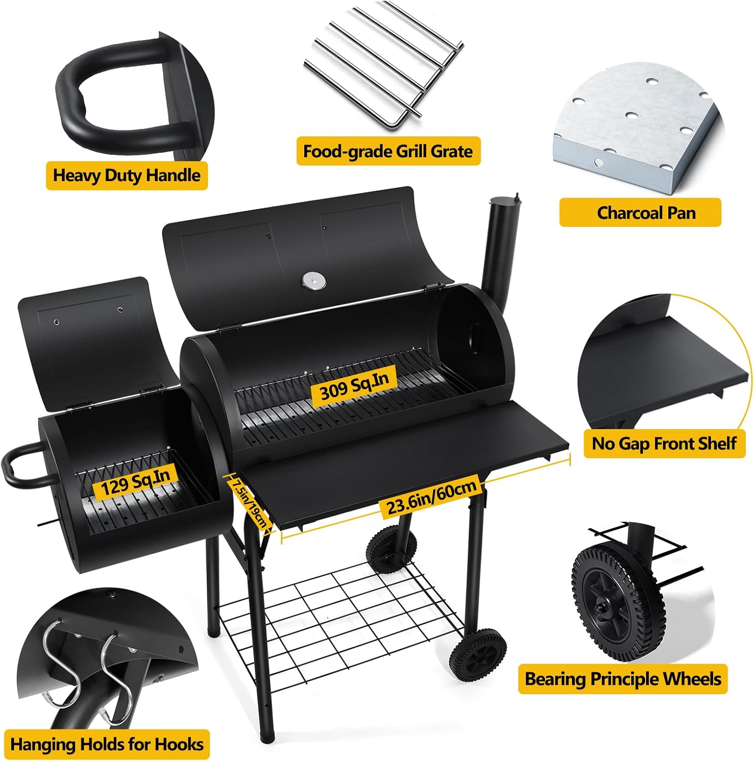 Outdoor Charcoal Grill with Smoker, Leonyo 14Inch Wide Charcoal Grill with Offset Smoker for Backyard Party Cooking, 438 Sq.in. BBQ Cooking Surface,Black