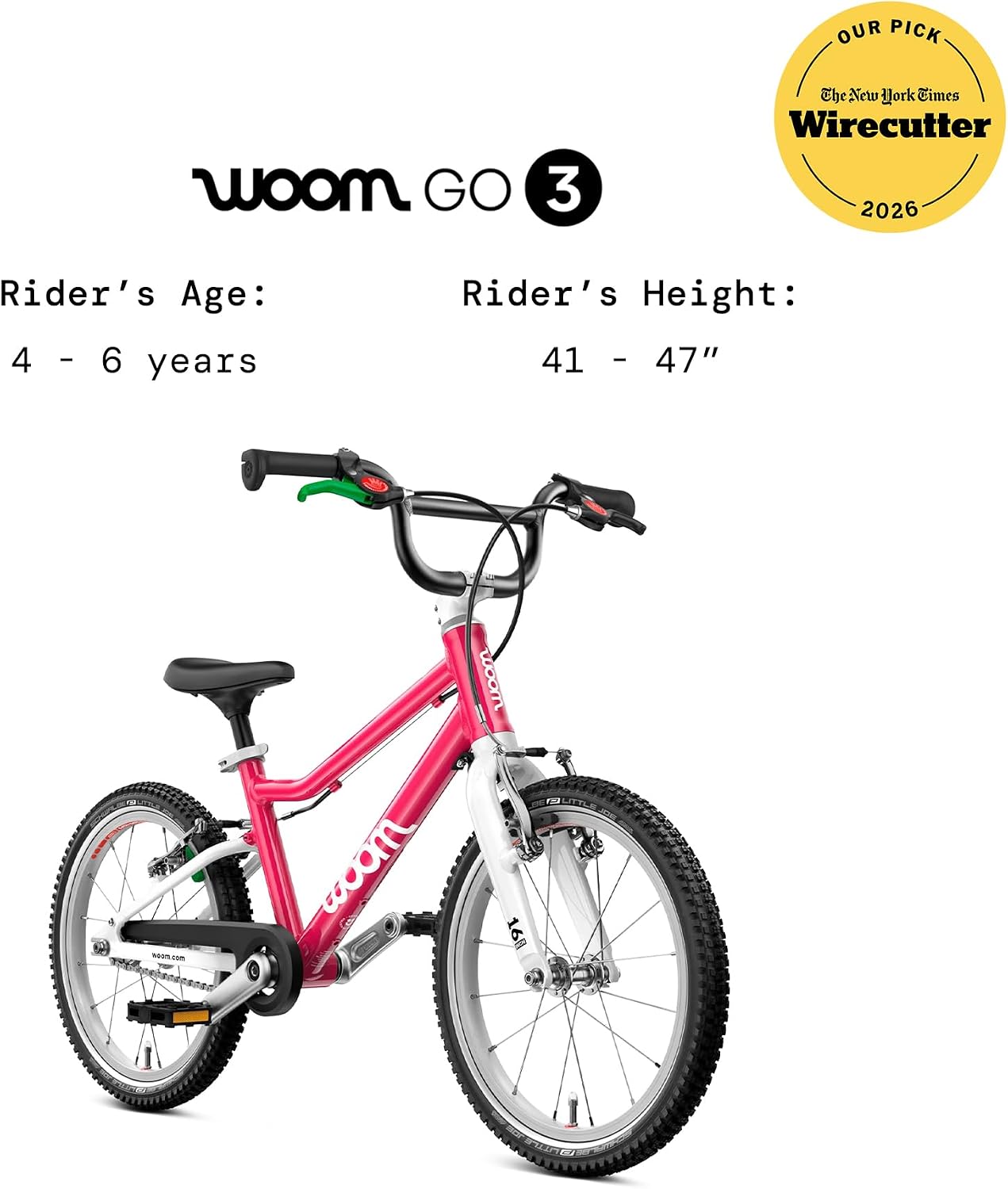 woom GO 3 / GO 3 AUTOMAGIC Kids' Bike, 16-Inch Lightweight Bicycle for Ages 4–6, Handbrakes, Steering Limiter, Chainguard, Boys & Girls