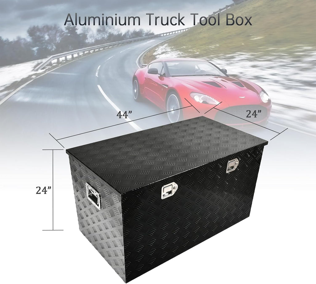 44''Inch Aluminum Truck Tool Box Truck Bed Toolbox Truck Trailer Chest Box Trailer Underbody Storage Organizer Waterproof Square Storage Organizer w/Lock & Keys Black(‎44' x24''x24'')