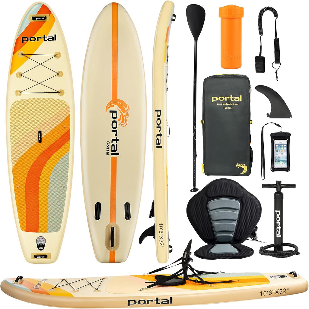 PORTAL SUP Inflatable Paddle Board for Adults 10'6'' Stand Up Paddleboard,Non-Slip Deck Blow up Paddle Boards with Adjustable Paddle, Carry Bag, and Repair Kit (Modern with Seat)