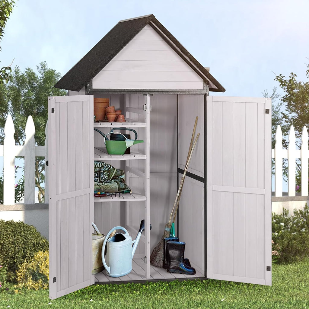Outdoor Storage Sheds, Wooden Garden Cabinet with Metal Frame and Adjustable Shelves, Large Outdoor Shed with Floor, for Patio, Lawn and Backyard (White)