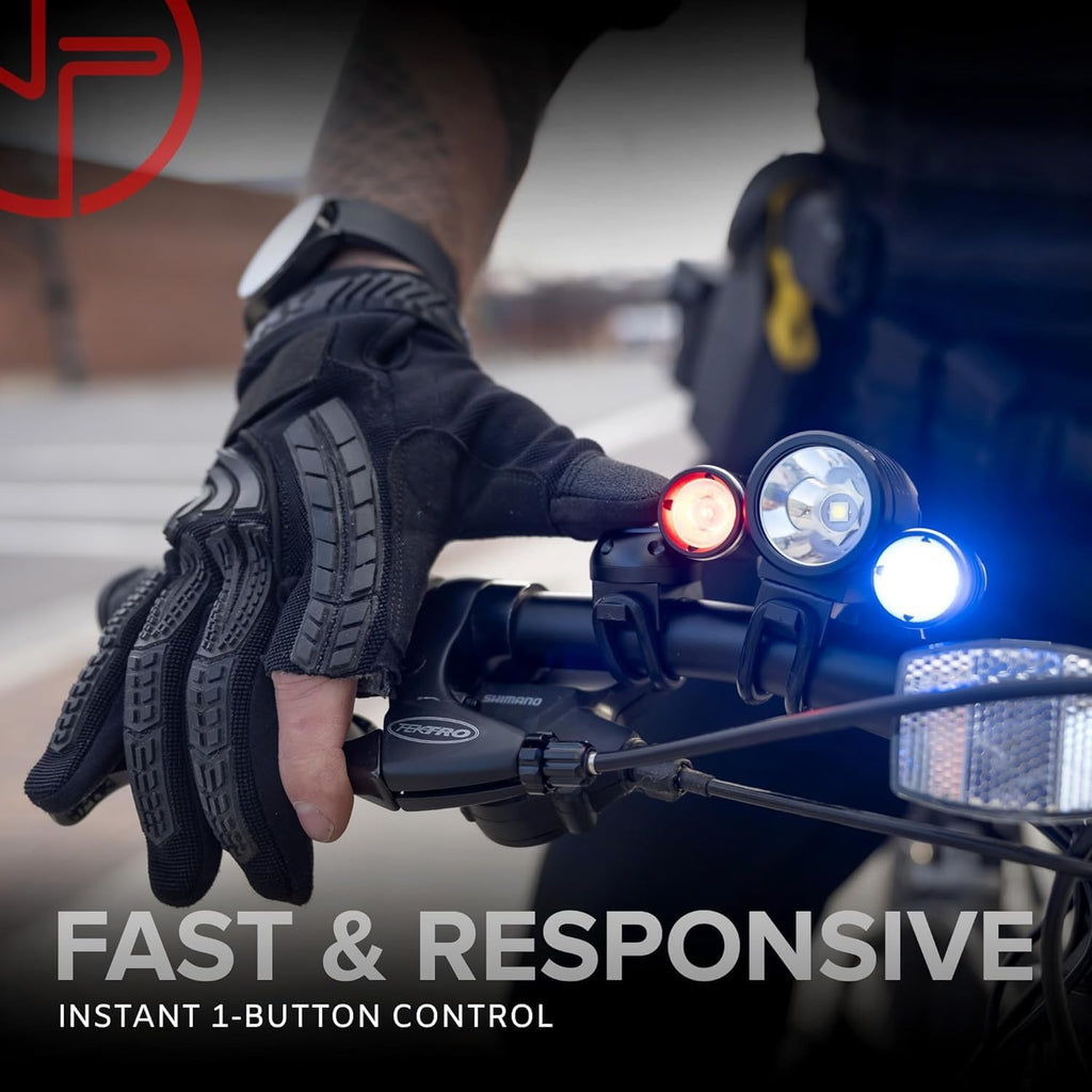 PS1200 Police Patrol Bike Light Set - Red/Blue Strobe LED - Rechargeable 18 Hr Max - Water Proof - 5 Modes - Heavy Duty Bicycle Lights for Professional Use