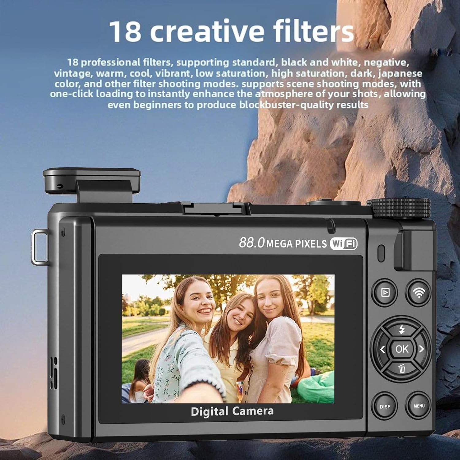 PUSOKEI 8K Digital Camera for Photography, 88MP Vlogging Camera with 3' 180 Flip Screen, 18X Zoom, Autofocus, Wide Angle Lens, WiFi Mirrorless Cameras with 32GB Card, 2 Batteries (Black)