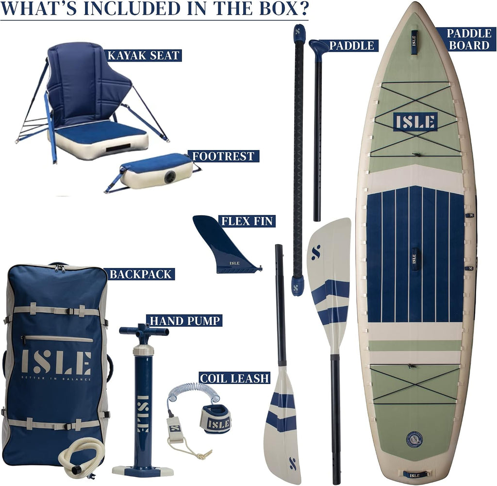 ISLE 2in1 Kayak & Paddle Board Bundle - Stand Up Paddle Board & Kayak, Incl. Seat, Paddle, Pump, Bag, 11.6 x 35.5 x 6 in - max. 425 lbs