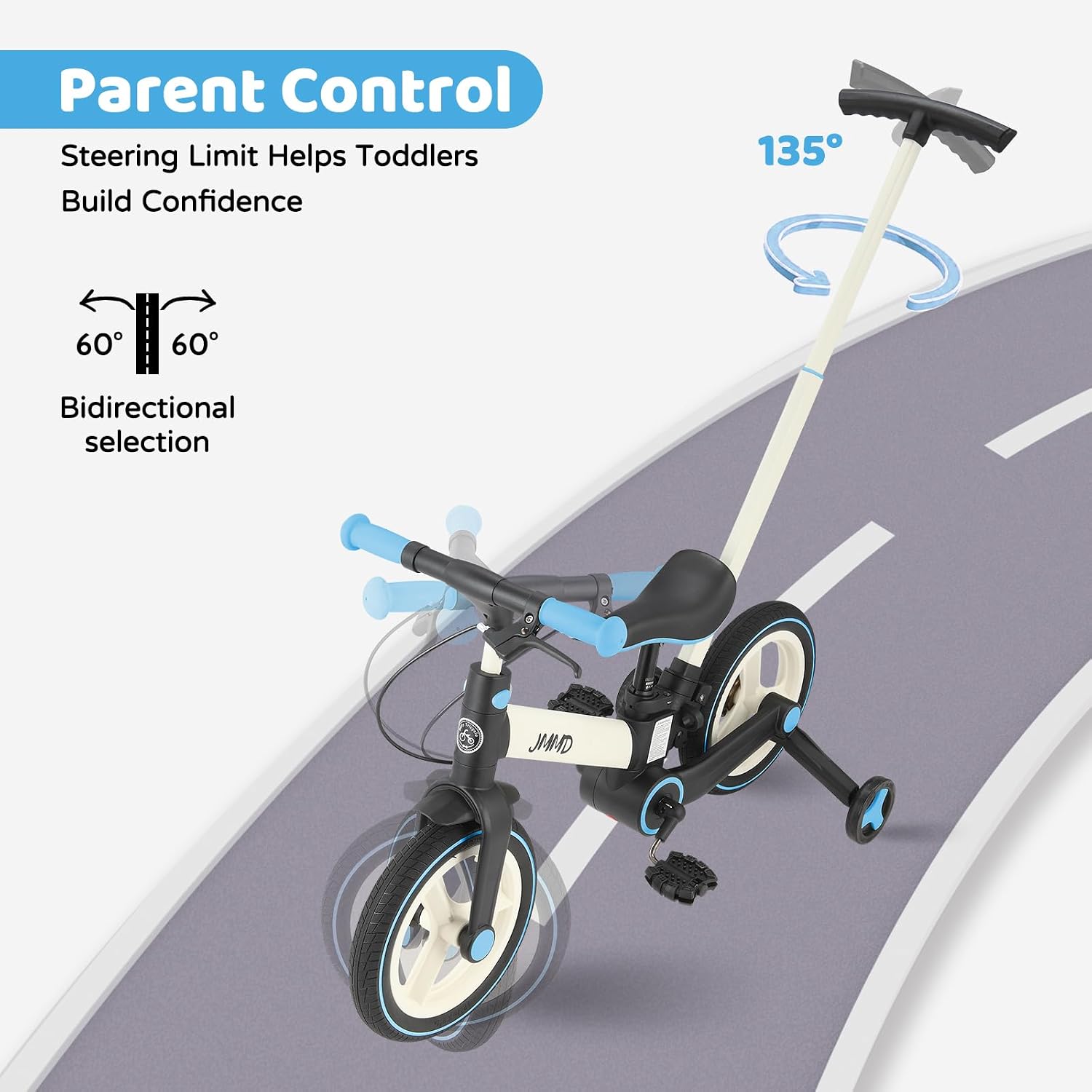 JMMD 6 in 1 Toddler Bike with Push Handle for Kids 18-60 Months, 12' Foldable Balance Bike with Training Wheels, Pedals, Brakes, Kickstand, Push Tricycle Toddler Gift & Toys for Boy & Girl