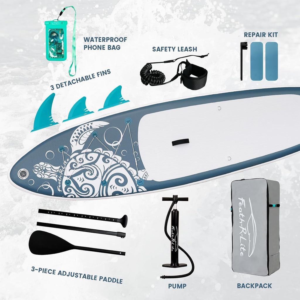 FEATH-R-LITE Inflatable Paddle Board Stand Up Paddleboards for Adults SUP with Premium Accessories Pump, Adjustable Paddle, Leash, Three Fins, Backpack