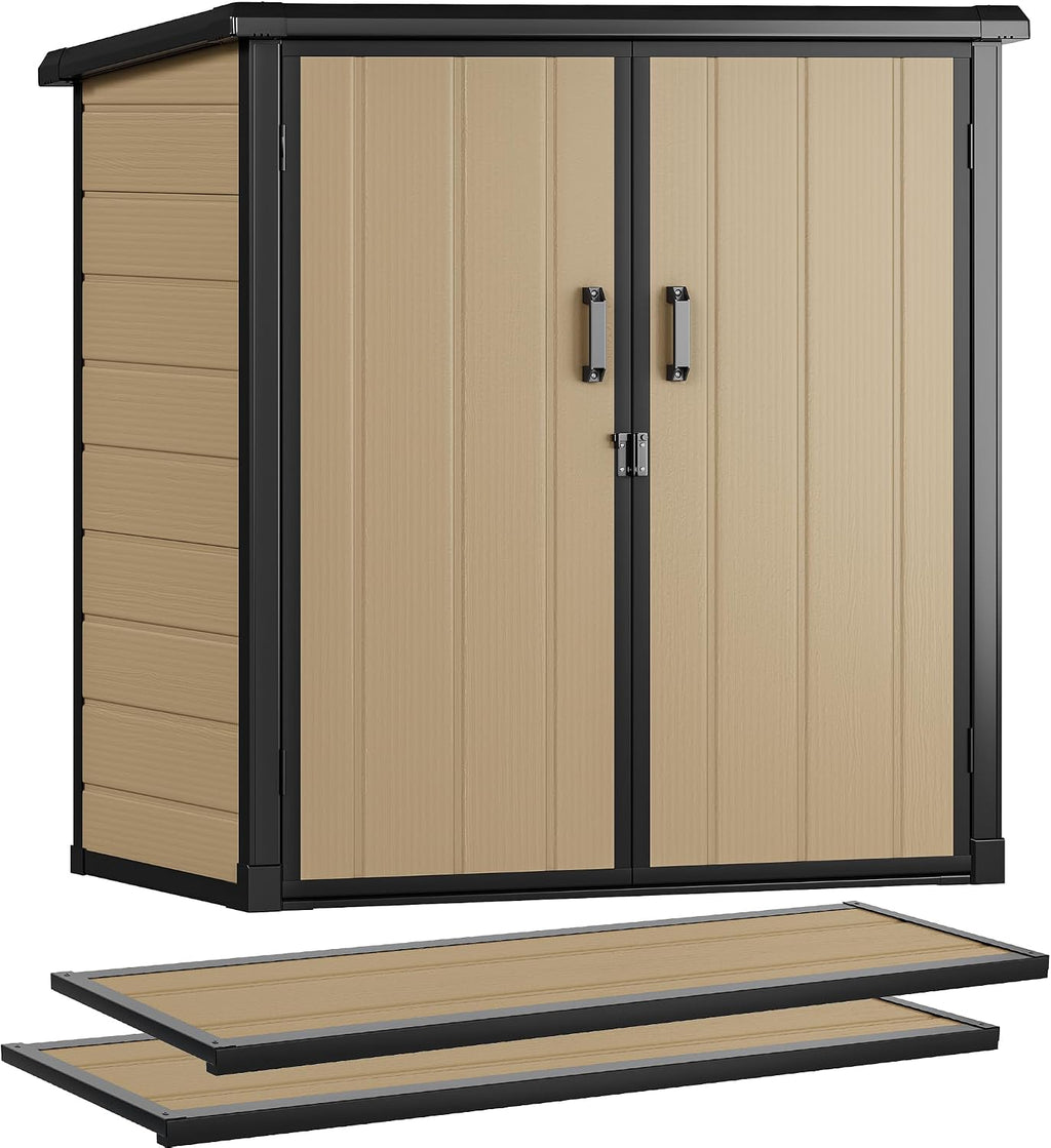 DWVO 54 cuft Outdoor Storage Shed with 2 Shelves, 4.2x2.6x5ft Vertical Tool Shed with Floor & Lockable Doors, Sturdy Double-Wall Plastic Cabinet for Garbage Cans and Garden Equipment (Brown)