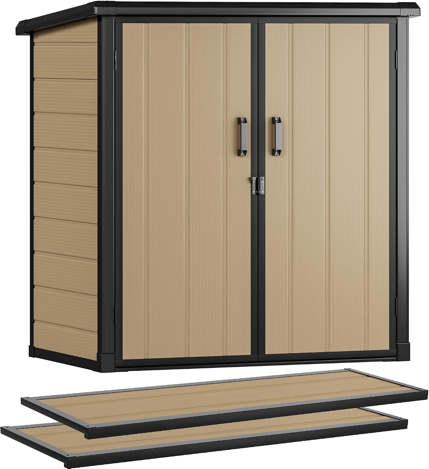 DWVO 54 cuft Outdoor Storage Shed with 2 Shelves, 4.2x2.6x5ft Vertical Tool Shed with Floor & Lockable Doors, Sturdy Double-Wall Plastic Cabinet for Garbage Cans and Garden Equipment (Brown)