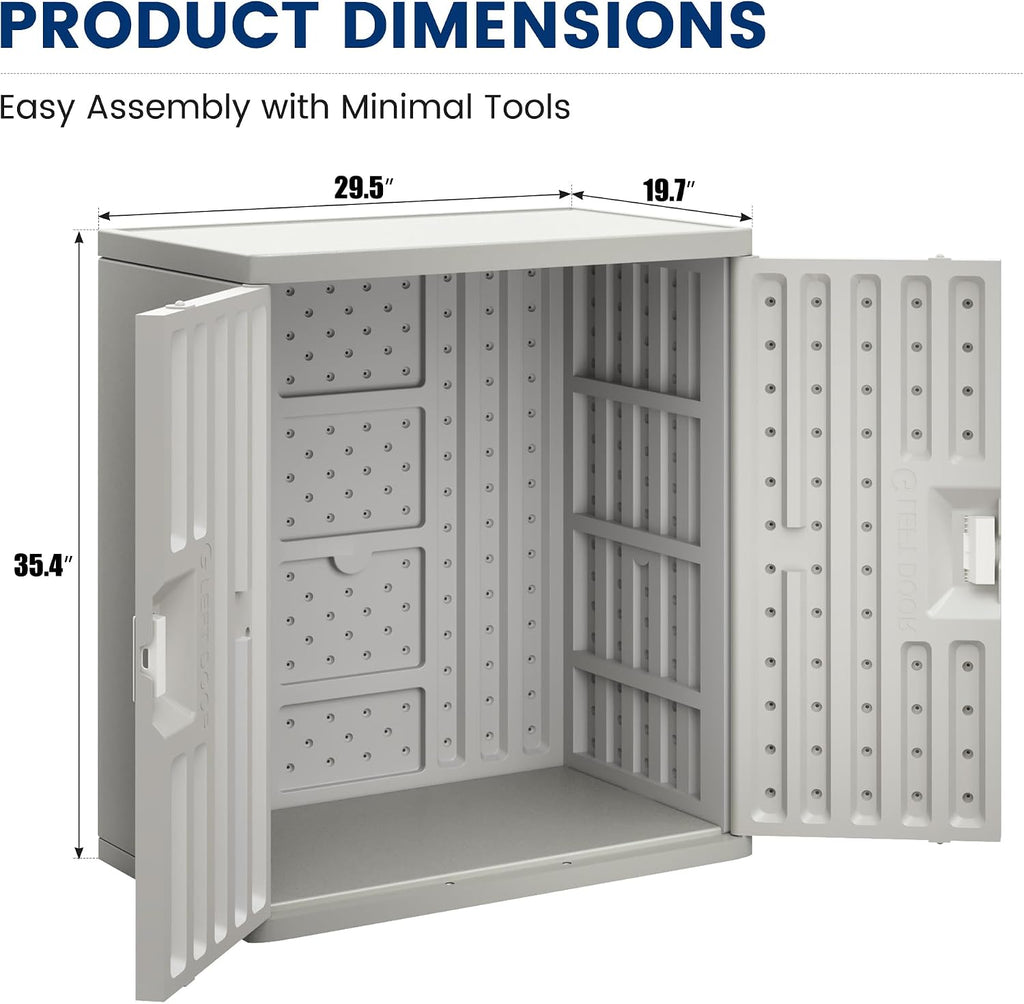 UDPATIO Resin Outdoor Storage Cabinet with Lockable Doors, 30' W x 20' D x 35' H Dark Grey Garage Cabinet,Small Shed for Organized Storage in Patio, Garage and Kitchen，, Grey