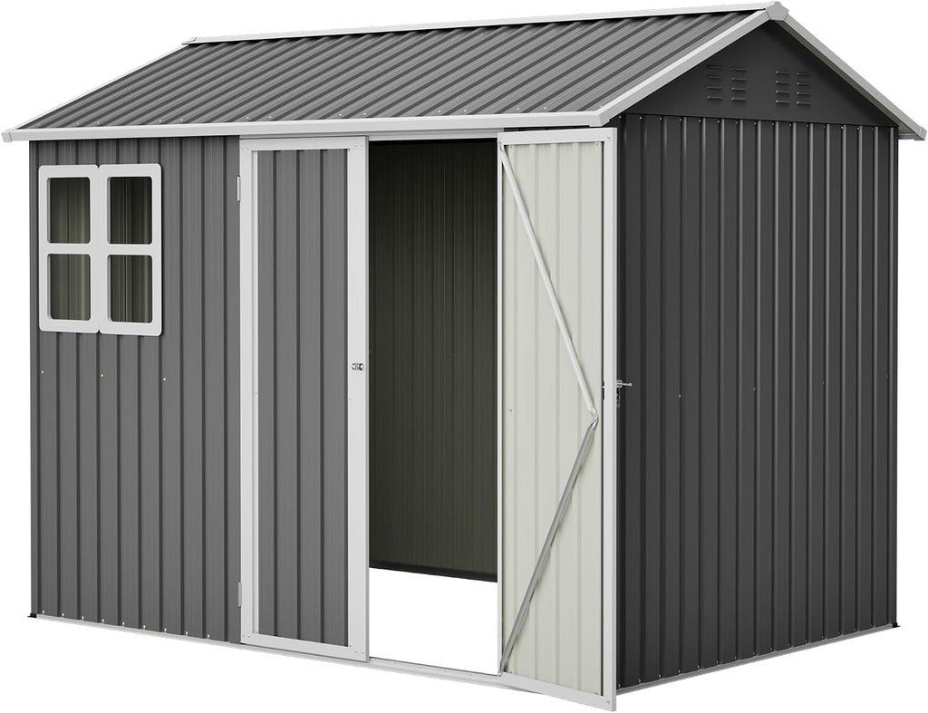 8X 6ft Outdoor Storage Shed with Clear Window, Heavy-Duty Tool Shed with Breathable Vent and Lockable Doors, Weather Resistant Steel Garden Shed
