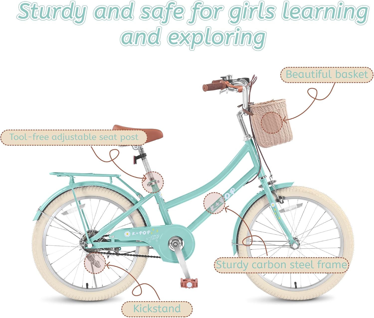 Girls Bikes Ages 8-12, 20 Inch Girls Bike Kids Bicycle with Basket, Lightweight Kids' Bicycles with Front and Rear Brakes, Cruiser Bike for Children, Multiple Colors