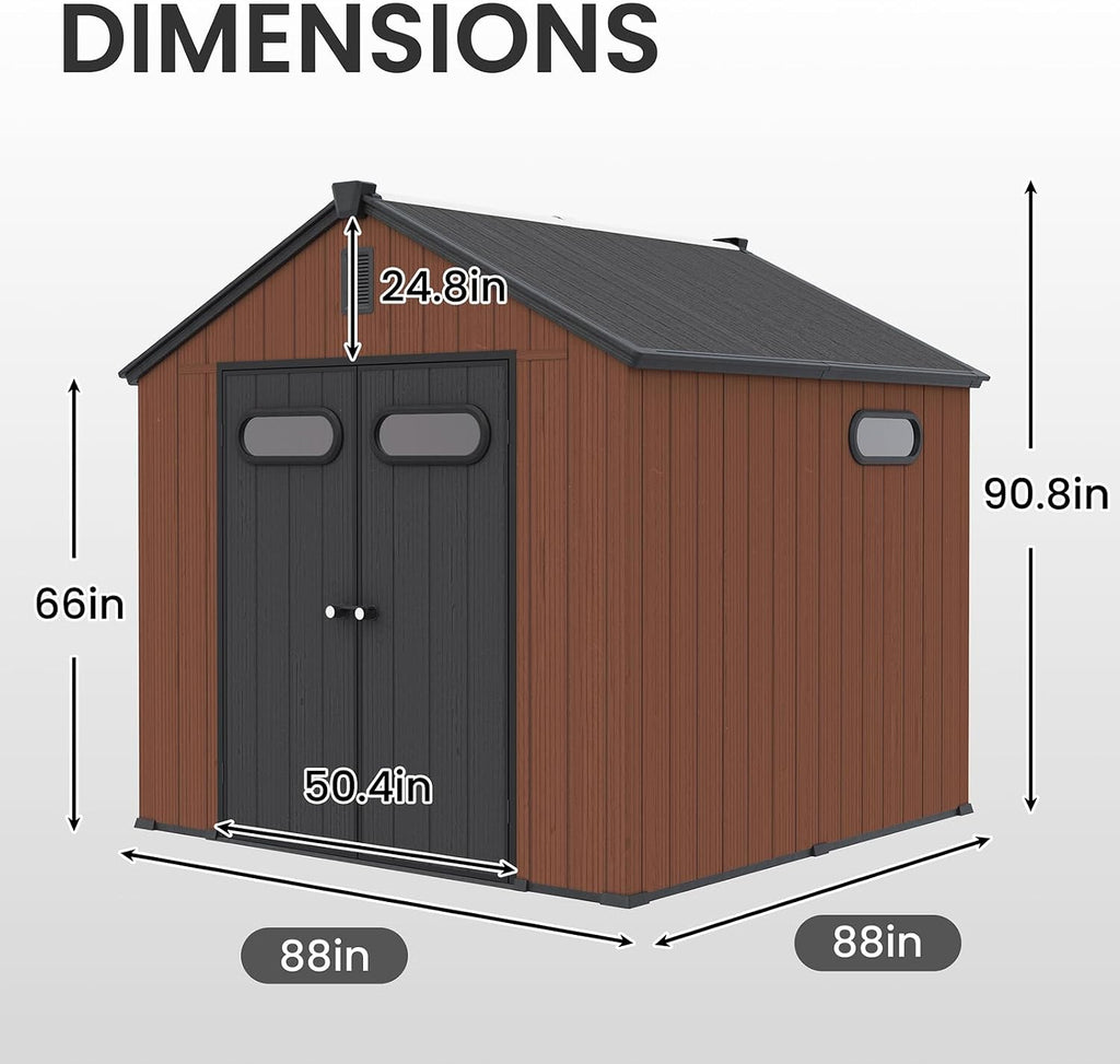 CRESTLIVE 8x8 FT Rust-Resistant Plastic Outdoor Storage Shed, Waterproof Resin Garden Shed with Floor, Doors, Skylight & Vent for Lawn Tools & Bikes