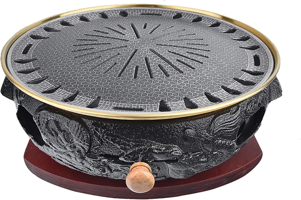 BBQ Barbeque Barbecue Grill, BBQ, Top Korean Smokeless Charcoal Dragon Pattern Cast Iron Grill, Stainless Steel Striped Plate, 18 Styles (Color : Q)