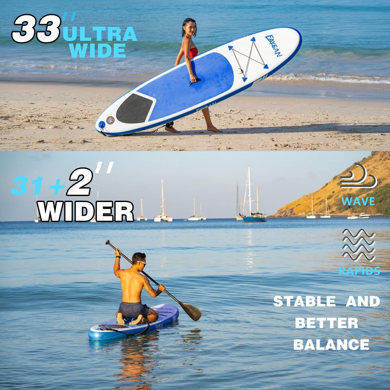 Inflatable Paddle Board,Extra Wide 10.6'/11' Stand Up Paddle Board with Sup Accessories,400lbs Capacity for Family with Safety Leash, All Skill Levels Sup for Yoga,Fishing,Surfing