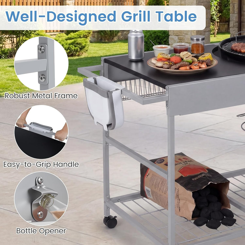 HAPPYGRILL Outdoor Grill Table for 18'& 22' Weber Original Kettle, Movable BBQ Grill Cart w/Wire Rack, Seasoning Rack & Garbage Can, Prep Kitchen Island w/Storage for Backyard Camping Picnic