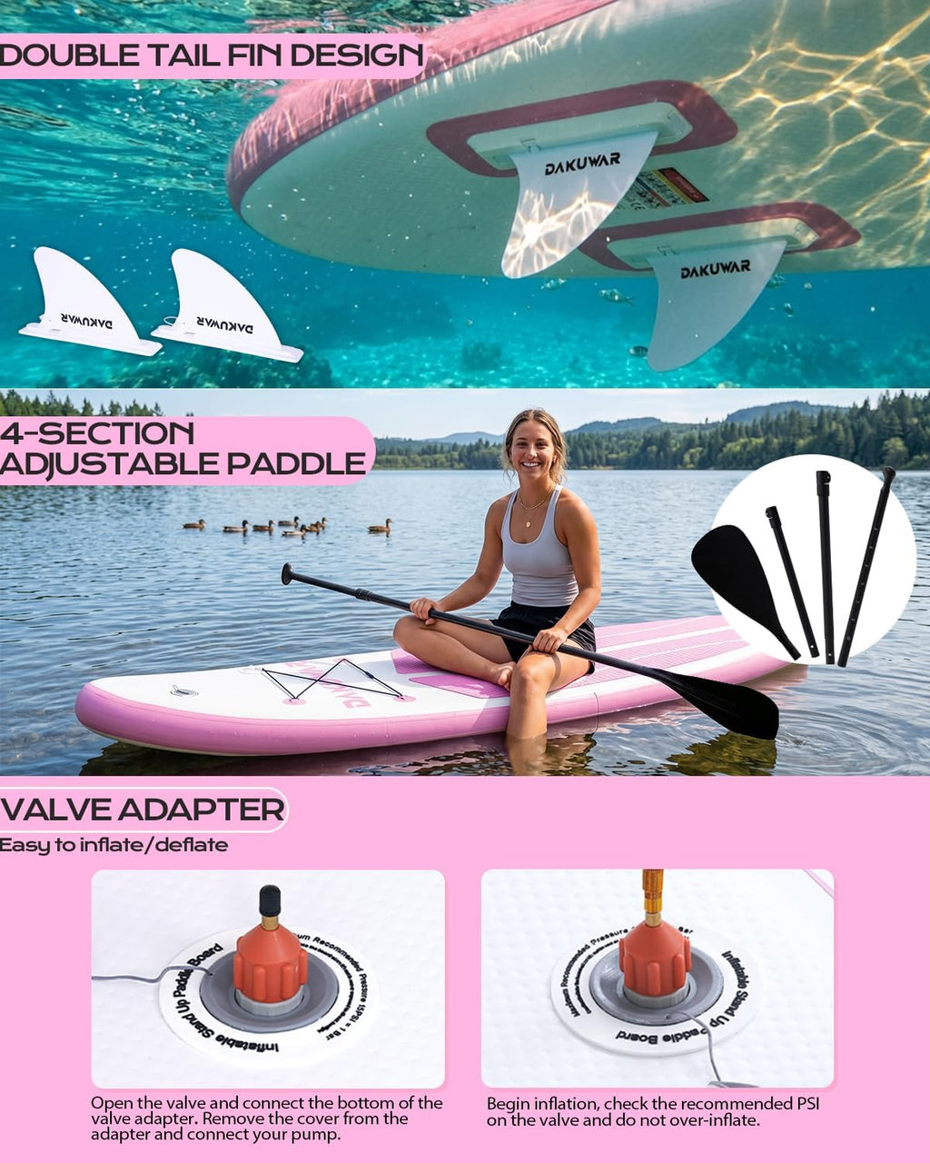 DAKUWAR Paddle Board 10'6''/10' Inflatable Stand Up Paddle Boards with SUP Accessories Ultra-Light Paddleboard Non-Slip Comfort Deck for Adults & Youth of All Skill Levels
