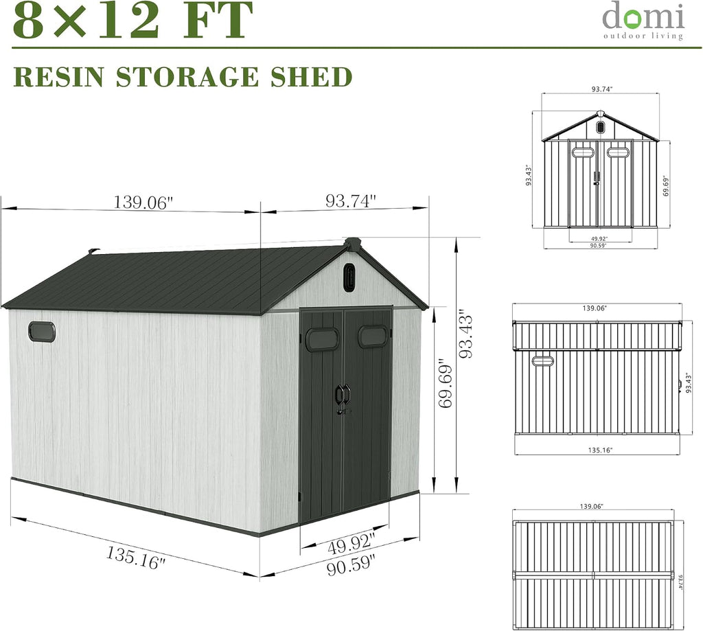 Domi 8x12FT Outdoor Resin Storage Shed with Transparent Windows & Louvered Vents, Outdoor Plastic Tool Shed with Double Lockable Doors & Gable Roof, Outside Garden Shed for Backyard, Patio, Lawn, Grey