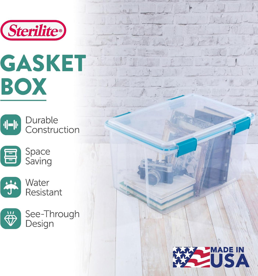 Sterilite 4-Pack 54 Quart Gasket Box, Home Storage Organizer Bins with Lids - Stackable Clear Plastic Containers for Bedroom, Bathroom, Garage, Basement, or Attic