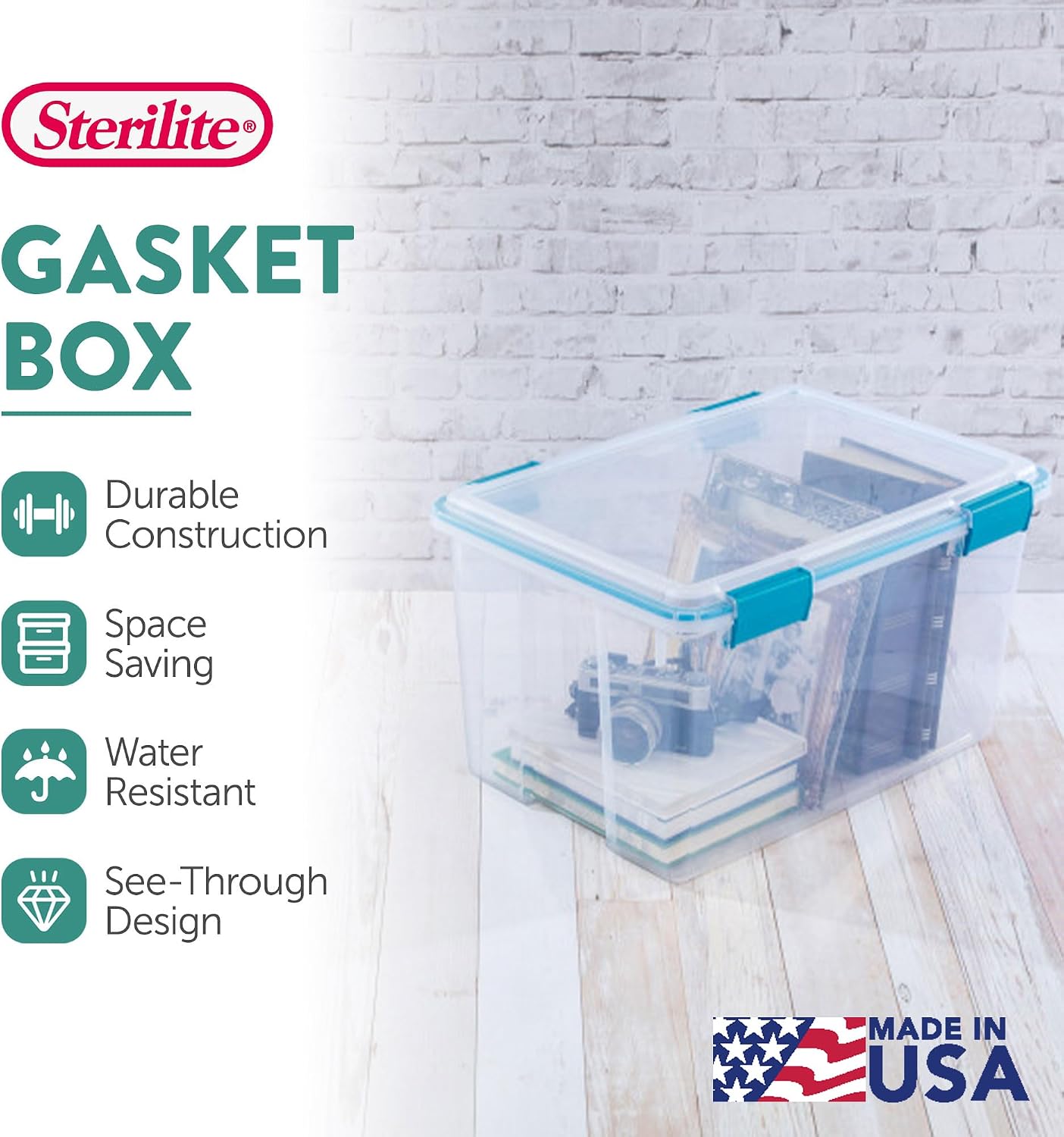 Sterilite 8-Pack Gasket Box, Weather-Resistant Storage Bins with Latching Lids, 54 Quart - Heavy-Duty Organizing Containers for Closet, Bathroom, and Office