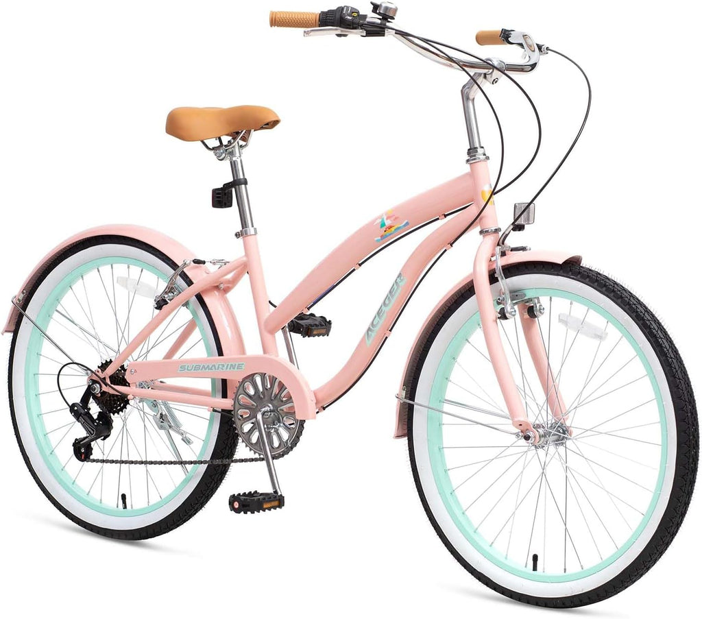 ACEGER Girls Beach Cruiser Bike for Kids 5-13 Years Old, 16' 18' 20' 24' Single Speed Kids Bicycle Included Coaster Brake, Front and Rear Reflectors, 24' 7 Speeds with Dual Brakes