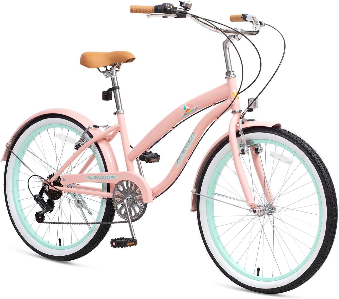 ACEGER Girls Beach Cruiser Bike for Kids 5-13 Years Old, 16' 18' 20' 24' Single Speed Kids Bicycle Included Coaster Brake, Front and Rear Reflectors, 24' 7 Speeds with Dual Brakes