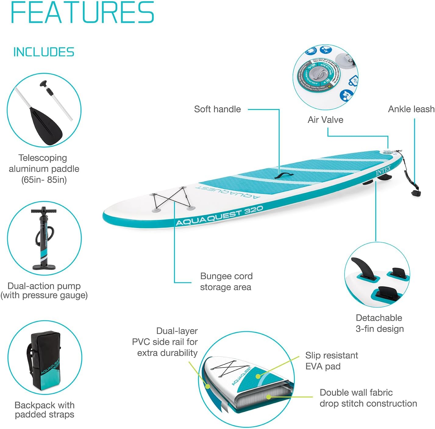 INTEX AquaQuest Inflatable Paddle Board Series: Includes Adjustable Paddle and High Pressure Pump – Tri-Fin Design – Slip-Resistant EVA Pad – Storage Rope – Drop Stitch Core