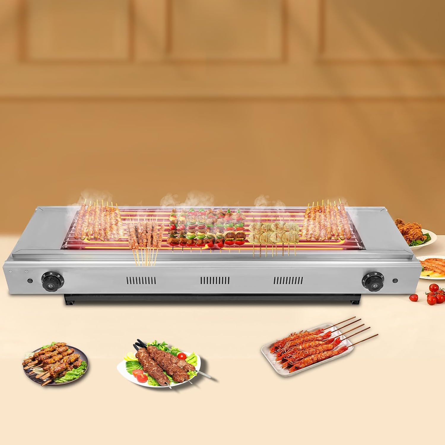 2 Burner Electric Barbecue Grill, 3000W Commercial Barbecue Griller 110V Countertop Stainless Steel BBQ Grills with 122℉to 572 ℉ Adjustable Temp for Home or Restaurant, Silver