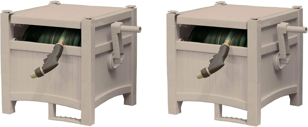 Suncast 100 Foot Capacity Hideaway Garden Hose Reel for 1.9 inches Hose Outdoor Storage with Stay Up Lid and Crank Handle, Taupe 2 Pack