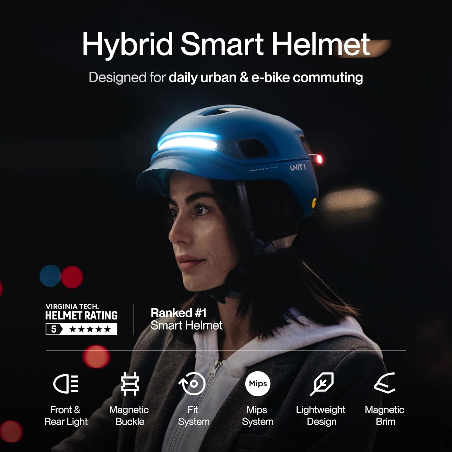 AURA Smart E-Bike Helmet with MIPS Safety, NTA-8776 Certified for 28mph, Integrated 500 Lumen LED Lights, Crash Detection, Turn Signals and Automatic Brake Light