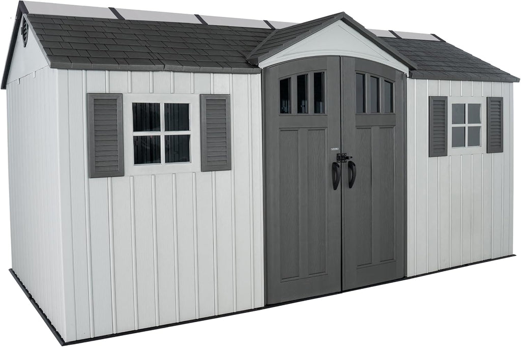 Lifetime Outdoor Storage Shed, 15x8 Ft, Gray, Resin Backyard Tool Shed with Lockable Doors and Weather-Resistant Panels