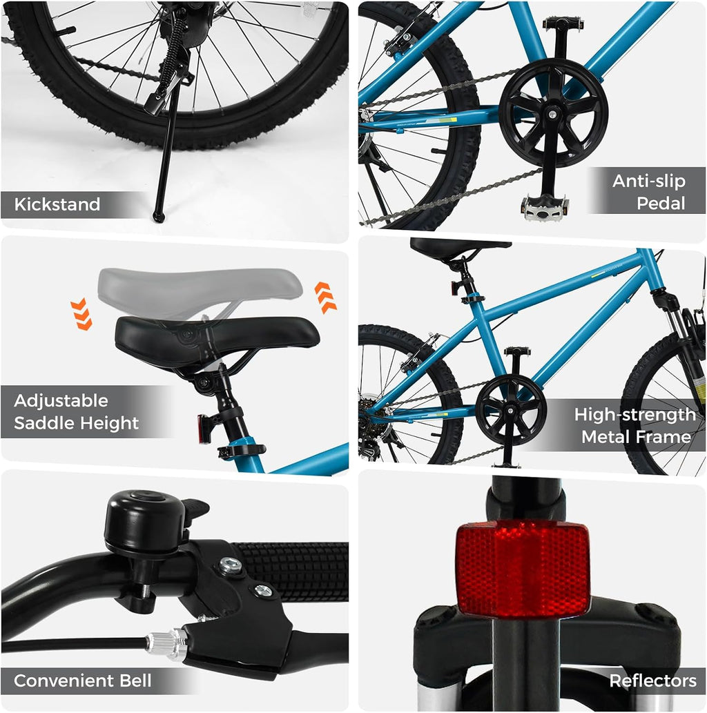 Goplus Mountain Bike, 20/24 Inch Kids Bicycle w/ 6-Speed Drivetrain, Suspension Fork, Dual Brakes, Adjustable Seat, Outdoor Cycling Children City Bike for Boys Girls
