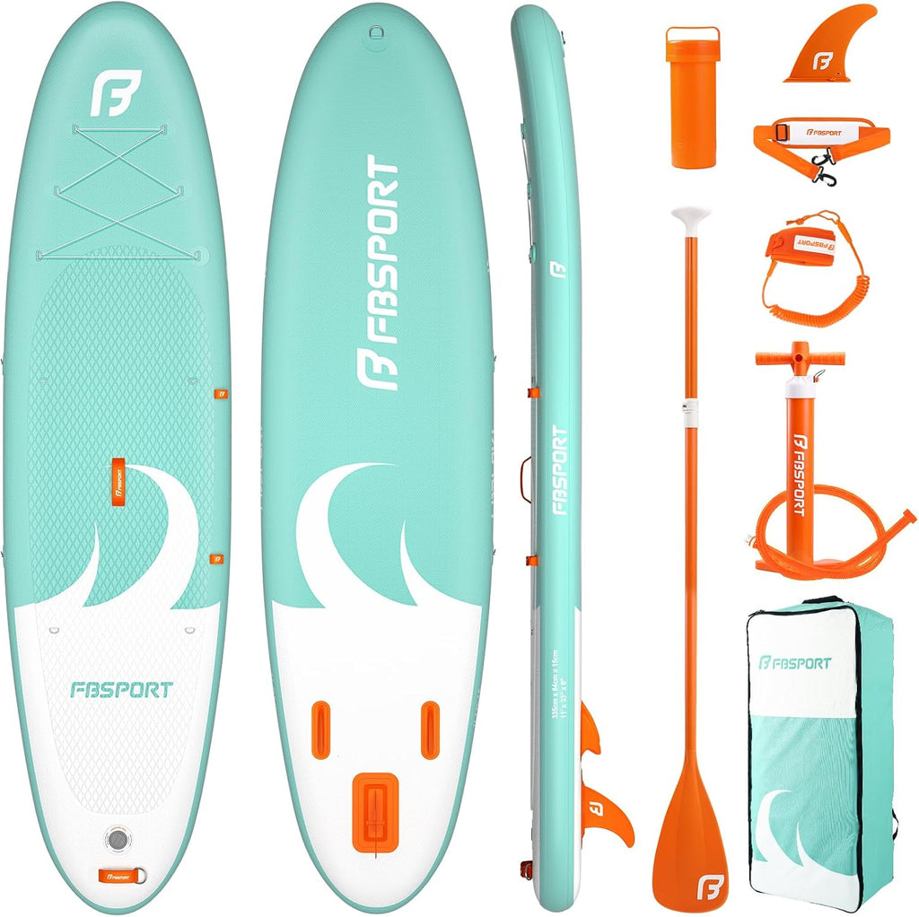 FBSPORT 11' Premium Stand Up Paddle Board, Yoga Board with SUP Accessories & Carry Bag | Wide Stance, Surf Control, Non-Slip Deck, Leash, Paddle and Pump for Youth & Adult
