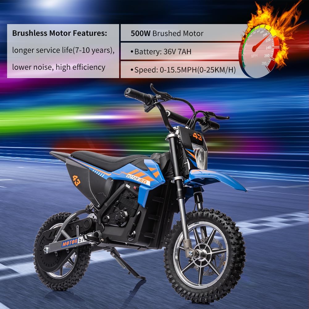 36V Kids Ride on Dirt Bike,15.5MPH Fast Speed Electric Battery-Powered Off-Road Motorcycle 500W Brushed Motor,Max Load 175 lbs,LED Light,Leather Seat,Disc Brake,Air-Filled Tires (Blue)