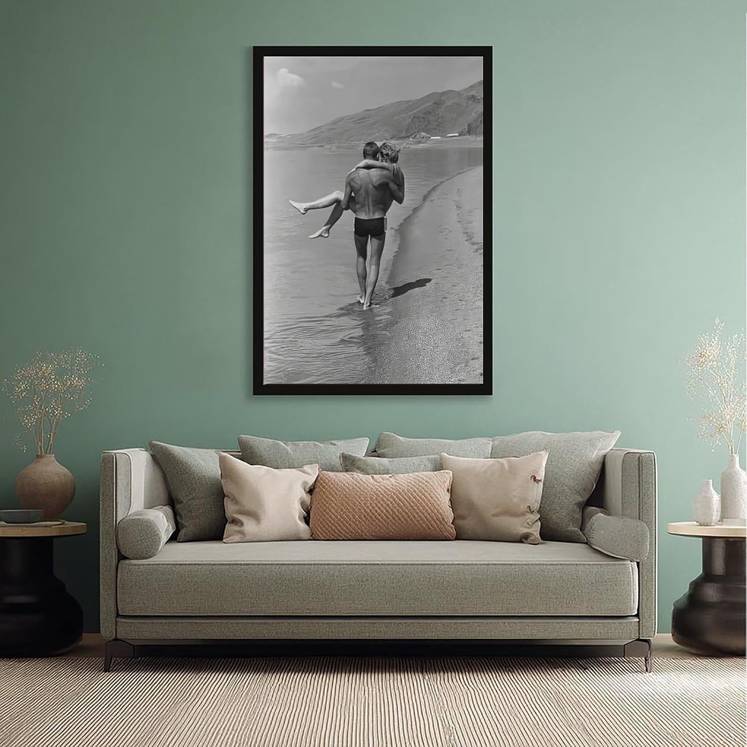 UXCBIA Young Couple Walking by The Lake, 1960s Black And White Retro Poster Canvas Poster Wall Art Decor Print Picture Paintings for Living Room Bedroom Decoration Black Frame 24x36in(60x90cm)