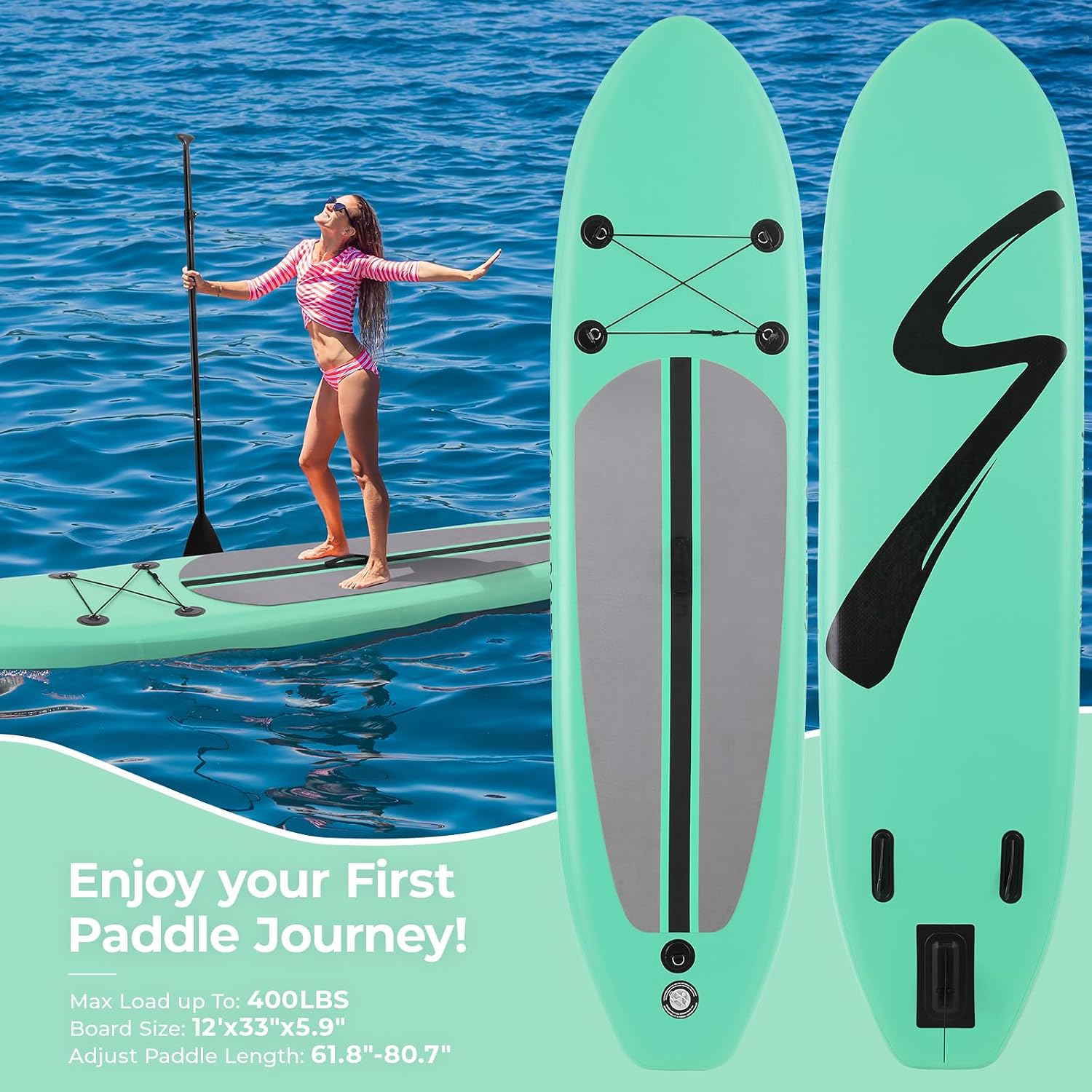 TLSUNNY 12FT Inflatable Stand Up Paddle Board, 3 Fins Paddleboard with Full SUP Accessories for All Skill Levels, Portable Two-Way Hand Pump and Carry Bag, 400LBS