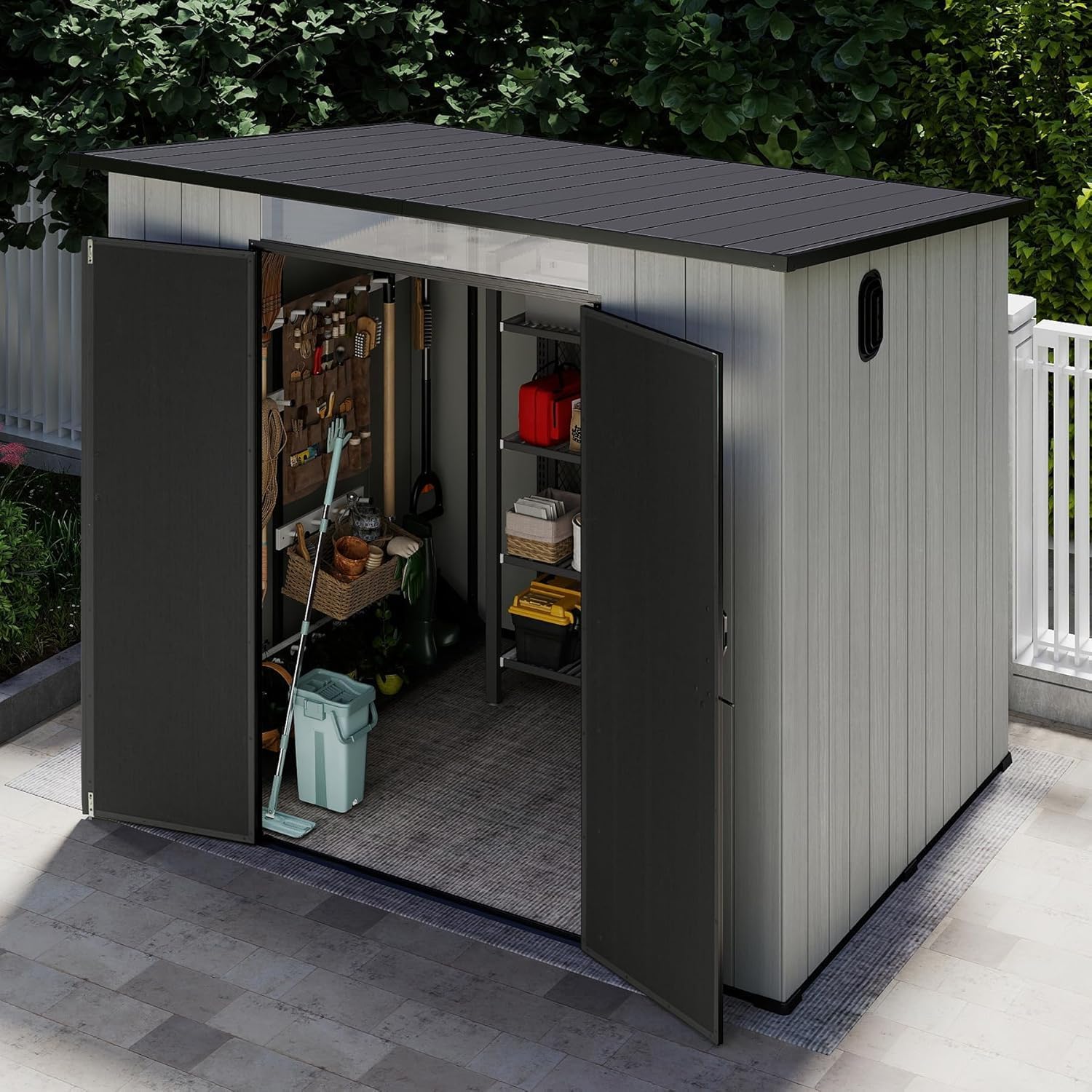 Domi 6x9FT Resin Outdoor Storage Shed with Sloping Roof, Waterproof Outside Sheds with Windows & Vents, Heavy-Duty Plastic Tool Storage Shed for Patio Furniture, Lawn Mower, Bike