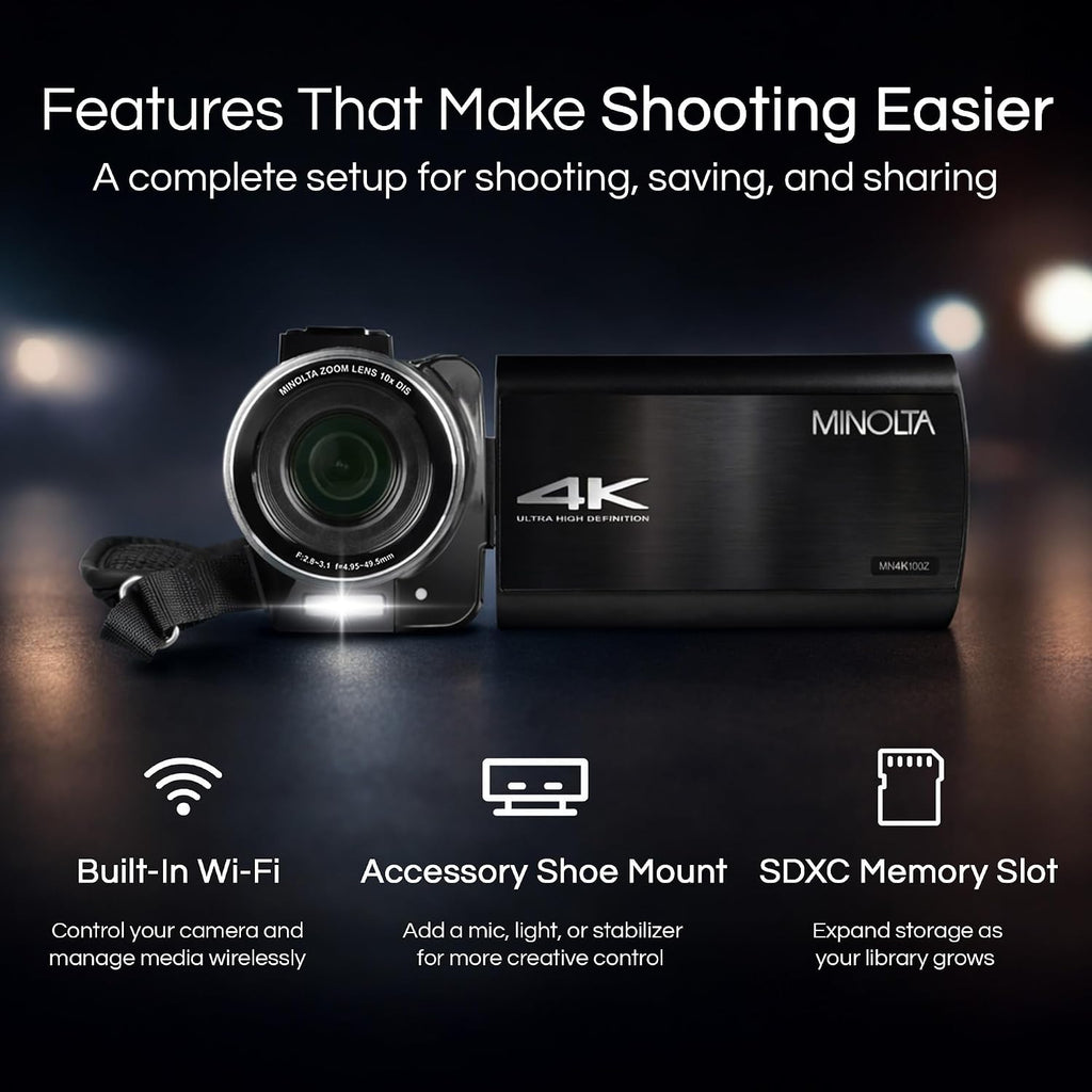 Minolta 4K Ultra HD Camcorder with 3.5-inch Touchscreen – 10x Optical Zoom, 28MP Photos, Digital Stabilizer, Accessory Shoe Mount, Time Lapse, Face Detection, 32GB Card, Remote Control (Black)