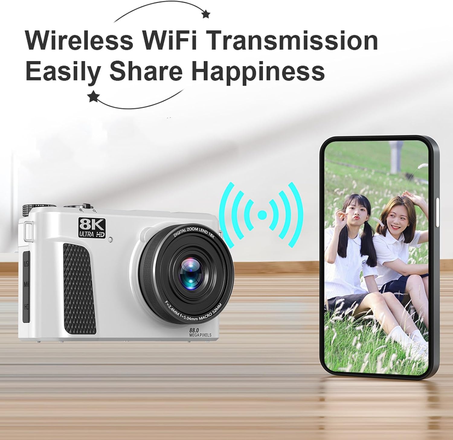 PUSOKEI 8K Digital Camera, Auto Focus 88MP Cameras for Photography, 18x Zoom WiFi Vlogging Camera, 3 inch Flip Screen, with Webcam Mode, Filter, Multiple Filters LED Fill Light (White)