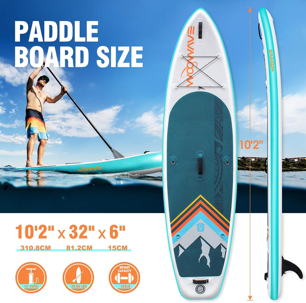 WOOWAVE Inflatable Stand Up Paddle Board 10'2'X32'X6' Wide Stance Non-Slip Deck, Premium SUP Accessories Including Hand Pump, Adjustable Paddle, Backpack, Surf Control Paddleboard for Youth and Adult