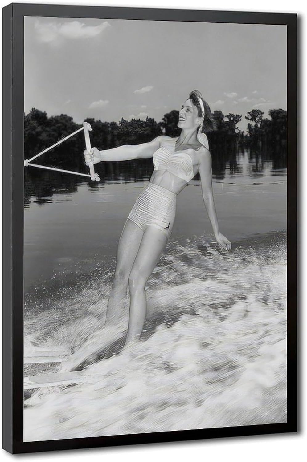 Woman Water Skiing on Lake, Vintage 1950s Photo, Funny, Black And White Poster Canvas Poster Wall Art Decor Print Picture Paintings for Living Room Bedroom Decoration Black Frame 24x36in(60x90cm)