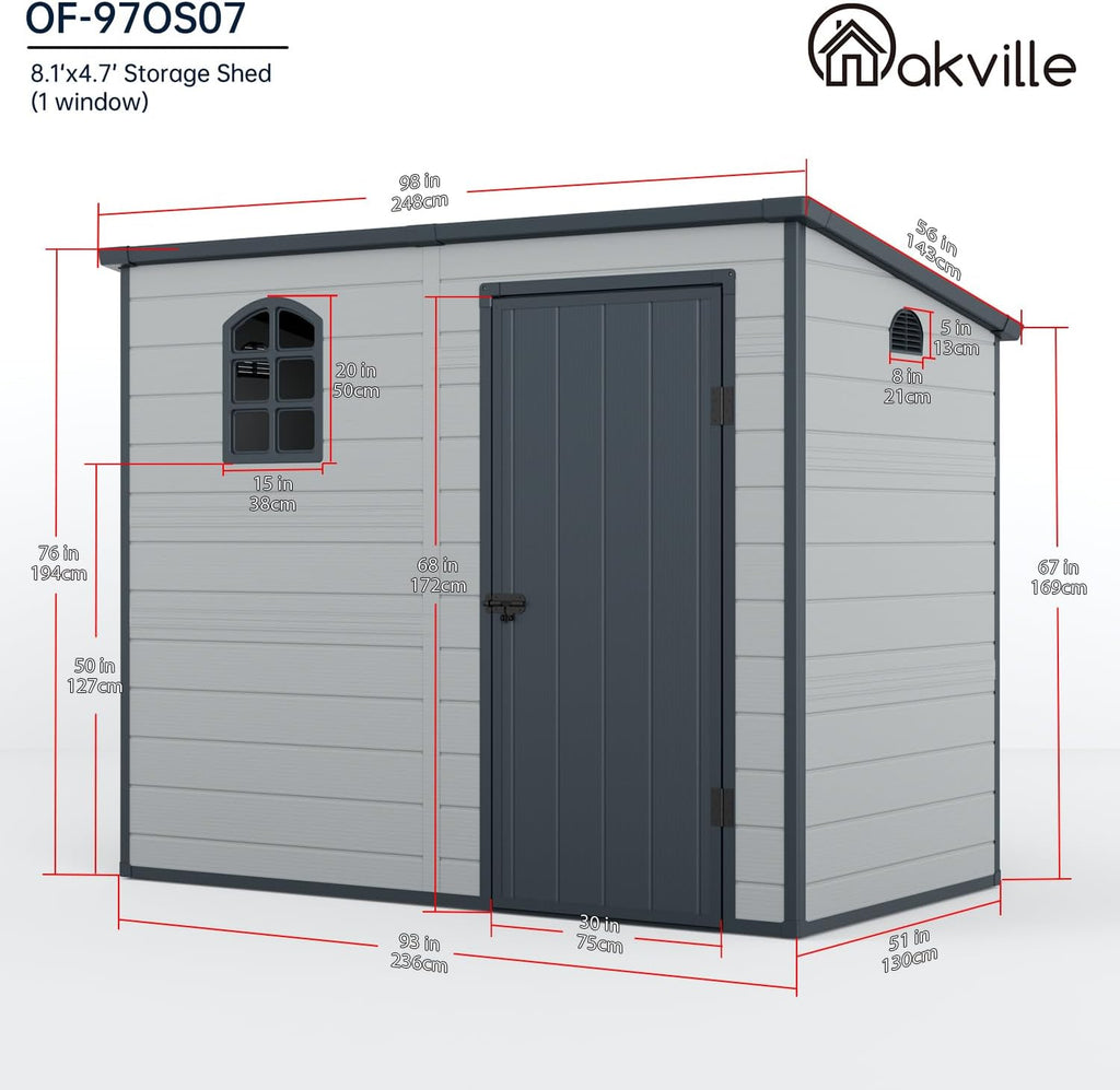 Storage shed 8.1x4.7 ft, Lean to Resin Shed, Storage Sheds Outdoor with Floor, Outdoor Sheds Garden Tools Bike Shed, Garden Sheds & Outdoor Storage Sloping Roof, Lockable Door, Window for Lawn, Patio